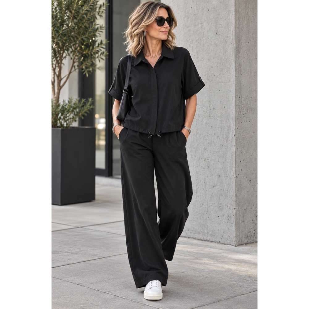Chicos Womens 1.5 US 10 Black Boxy Shirt Jacket Drawstring Hem Short Sleeve